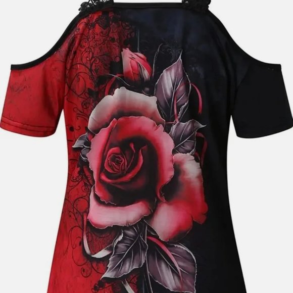 Women's Casual Rose Printed Tops V Neck Off Shoulder short Sleeve T-Shirt Blouse - Picture 2 of 6